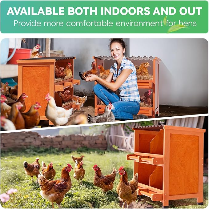 2-Tier Chicken Nesting Box, 4 Compartment Wooden Nesting Box for Chickens with Waterproof Roof, Non-Slip Stable Base, Heavy Duty Chicken Laying Boxes for Hens, Duck, Poultry, Bird, Orange