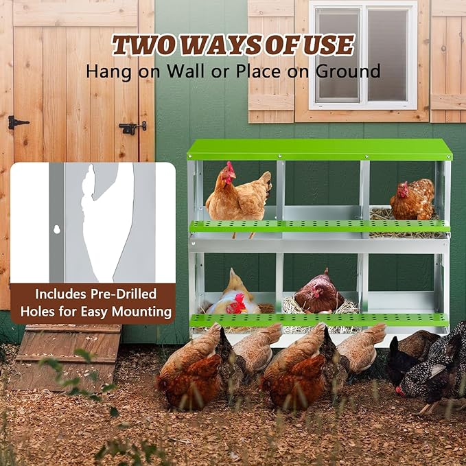 Chicken Nesting Box,Heavy Duty Metal Nest Boxes,6 Hole Roll Away Nesting Boxes,with Large Vented Holes,Wall-Mountable Chicken Coop Nesting Boxes,for Chickens,Ducks,Large Egg Boxes (Green 6 Hole)
