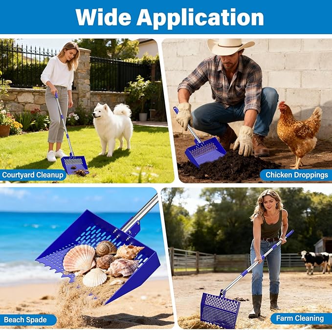 2-in-1 Chicken Poop Scooper & Rake 12-Inch Large Metal Shovel Head Adjustable Stainless Steel Handle (24 to 64") Litter Sifting Shovel Cleaning Tools for Chicken Run, Animal Farm (Blue)