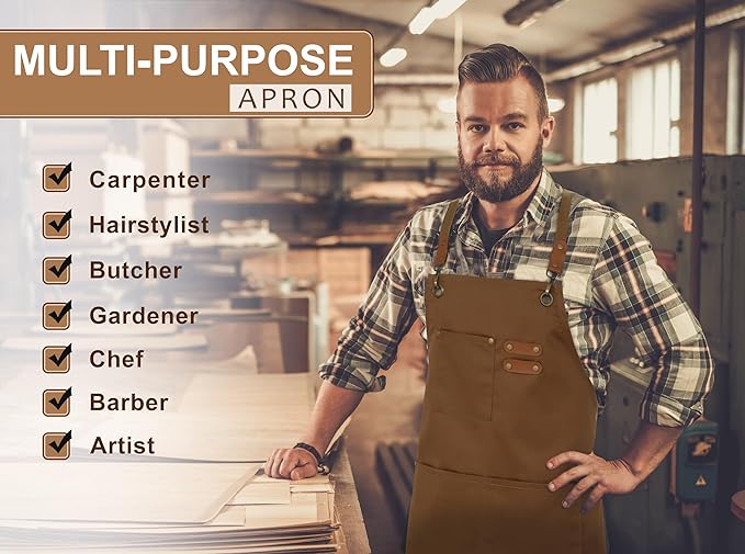 RUVANTI Work Apron for Men, Oil & Water Repellent, Poly Cotton Cross Back Aprons for Women with Pockets, Adjustable up to XXL