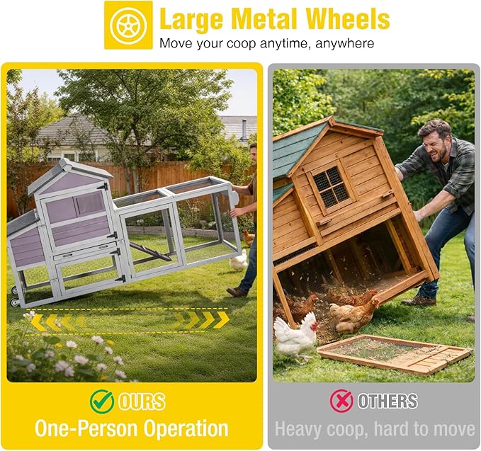 Aivituvin Mobile Chicken Coop with Wheels for 4-6 Chickens, Backyard Expandable Chicken House Duck Cage with Run, 2 Nesting Boxes, Easy Clean Pull-Out Tray, Leak-Resistant Asphalt Roof, 82.4"(Grey)