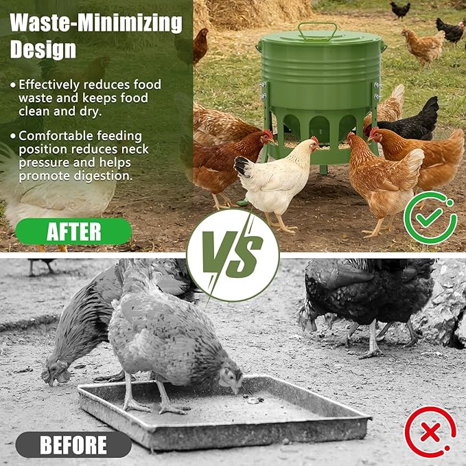 Metal Chicken Feeder No Waste, 20 Lbs Large Automatic Chicken Feeder with 12 Ports, Adjustable Height Poultry Feeder with Lid & Handle, Rat Proof Rust Proof Feed Box for Poultry & Backyard Chickens