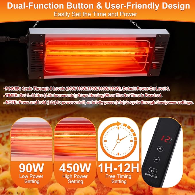 450W Heat Lamp for Chickens, Large Chicken Coop Heater, Carbon Fiber Chicks Brooder Heaters Plate, Adjust 5 Mode Temp&Time&Hanging Height, 9.8 Ft Cord Heater for Poultry Livestock Heating