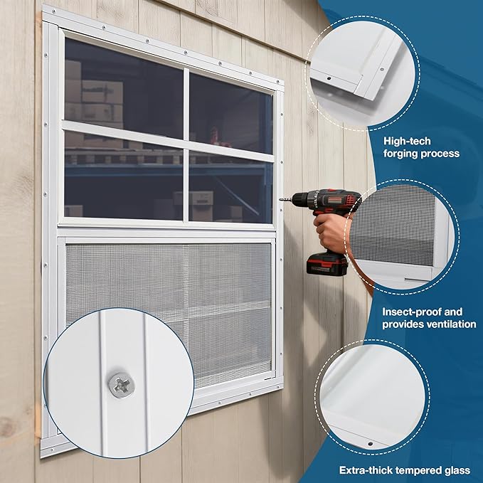 Yuzzy Shed Windows 2 Pack, Chicken Coop Windows 36" x 36" with Tempered Glass and Fiberglass Screen, Flush Mounted Small Window for Shed, Barns, Playhouse, Household, Garage (White)