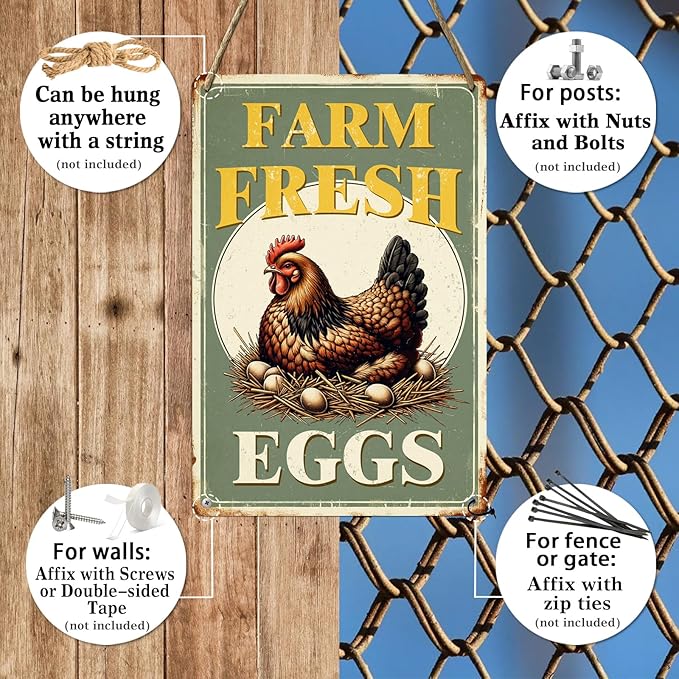 Farm Fresh Eggs Metal Tin Sign Funny Retro Chicken Coop Accessories Farmhouse Home Kitchen Wall Art Decor 8x12 Inch