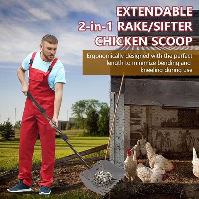Telescopic Chicken Dog Poop Scooper & Rake 2-in-1 Chicken Litter Scoop for Chicken Coops & Small Farm Animals Sand Sifting Litter Shovel (Gray)