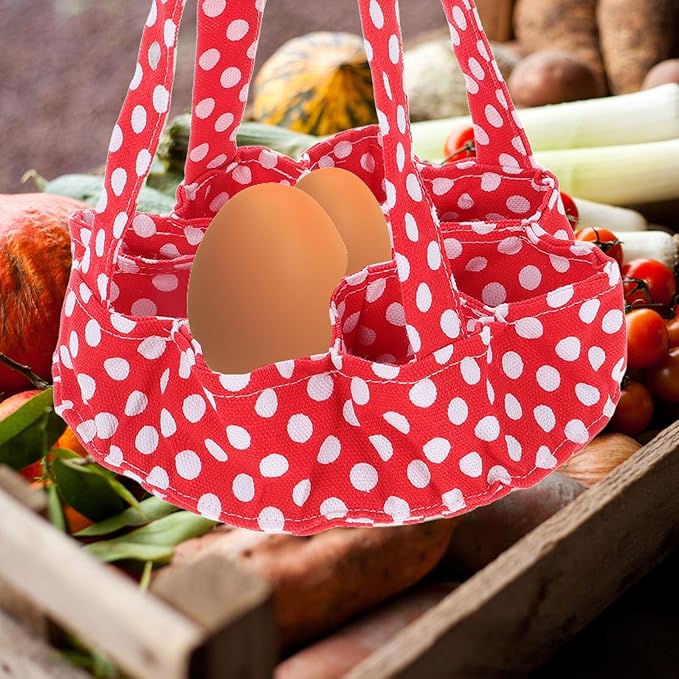 Homoyoyo Egg Collecting Basket with 9 Fabric Pockets Chicken Egg Holder Farm and Home Use Red Polka Dot Design
