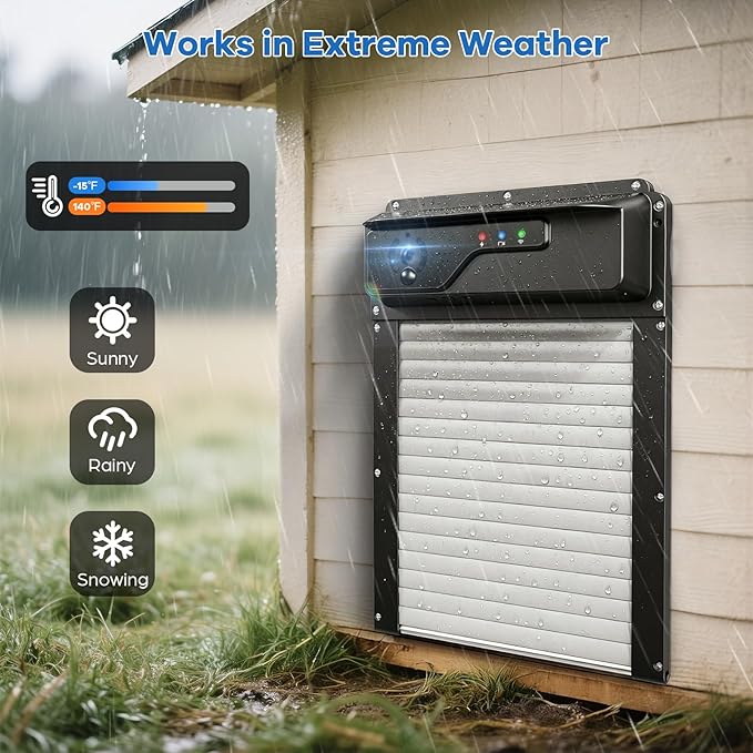 WiFi Automatic Chicken Coop Door with Camera, APP Remote Control, Smart Solar Powered Auto Chicken Door Opener with Timer, Night Vision, Anti-Pinch Safety, Smart Alerts, Space-Saving Roll-Up Design