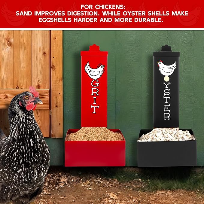 Metal Chicken Grit Feeder and Oyster Shell Feeder Combo, Hanging Gravity Poultry Feeders with Drain Holes, 4.5lb Capacity, Coop Accessories Supplies for Chickens, Ducks, Geese