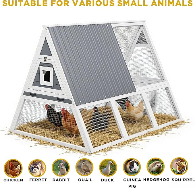 Large Chicken Run Coops with Nesting Boxes Outdoor for 4-6 Chickens Wooden Duck Rabbit Hen House A-Frame Quail Pens with Wire Fencing and Weatherproof Roof for Backyard, Farm, Yard(Extremely Stable)