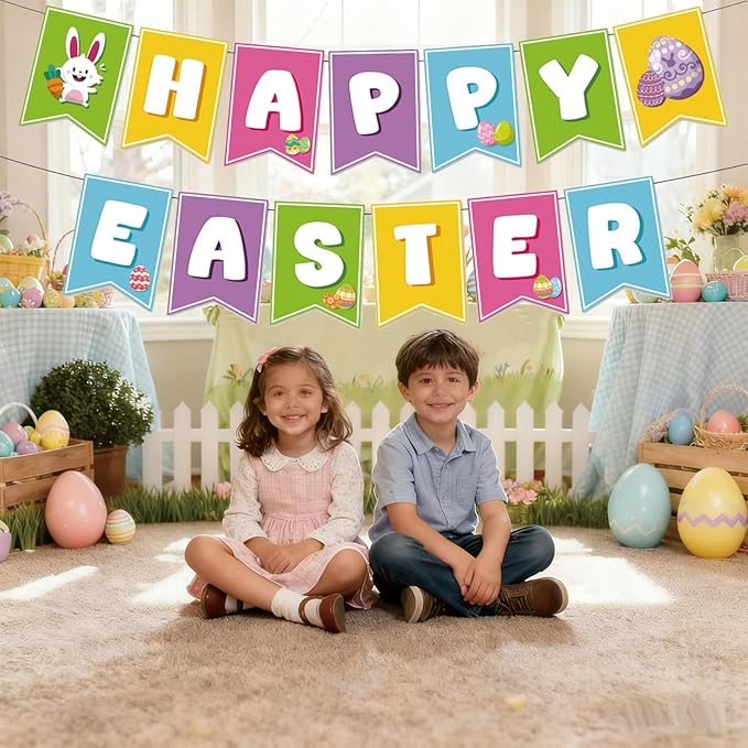 Happy Easter Banner for Easter Party Decorations Indoor Outdoor Egg Bunny Hanging Decor