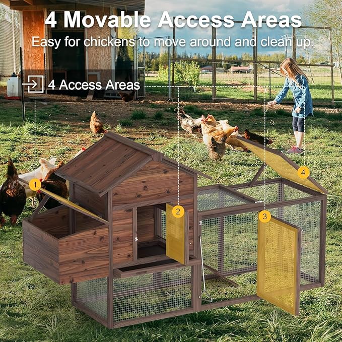 Wooden Chicken Coop, 80IN Outdoor Chicken Cages and Run with Nesting Boxes for 2-4 Chickens, Hen Run Poultry Pet House Rabbit Hutch with Waterproof Roof & Removable Tray for Backyard Poultry (ONE)