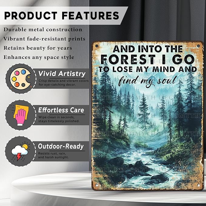 Vintage Tin Sign And Into The Forest I Go To Lose My Mind And Find My Soul Retro Wall Decor Garden Plaque Funny Metal Poster Kitchen Store Cafe Toilet Bathroom Bar Pubs Camper Yard 12 * 16inch