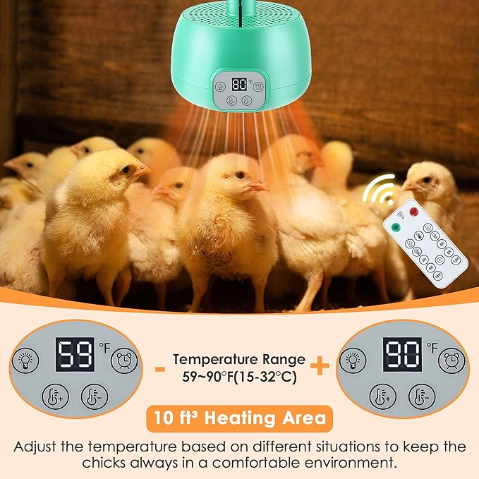1 Pack Chicken Coop Heater with Remote Control, Timing Chicken Heat Lamp, Smart Temperature Control Chick Brooder Heater, 5 ft Ultra Long Cable Reptile Heating Lamp for Chicks Duck Dog Pet