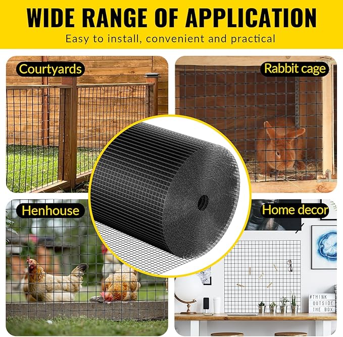 Hardware Cloth 1/4 inch 48 x 100 ft Heavy Duty Black Chicken Wire Fencing 19 Gauge Vinyl Coated Welded Wire Mesh Roll PVC Hardware Cloth Chicken Wire Fencing Garden Fence Tree Guard