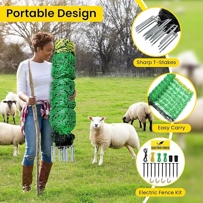 Electric Fence Netting, 42.6" H x 164'L Electric Anti-Predator Poultry Fence, PE Net Fencing Kit with 14 Posts Double Spiked, Movable Livestock Nets for Sheep, Hogs, Cattle and Other Big Poultry