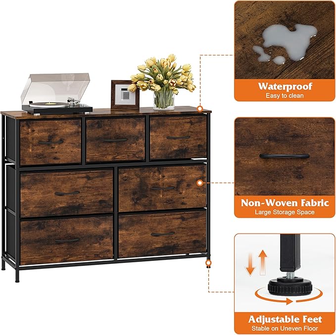 WelFurGeer 7-Drawer Fabric Dresser with Metal Frame, Dressers & Chests of Drawers, White Chest of Drawers for Bedroom, Hallway, Entryway, Closets, Kids Room Organization, Brown