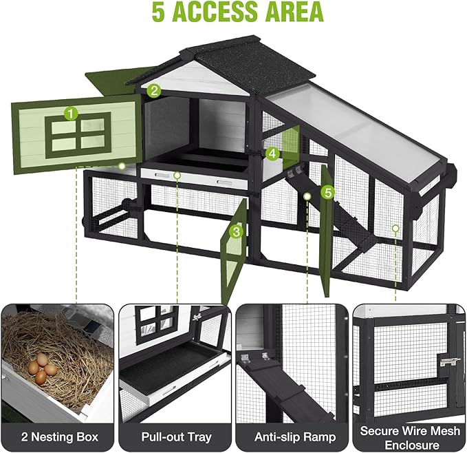 GUTINNEEN Large Chicken Coop with Wheels, Expandable Mobile Chicken House for Outdoor Use, Hen House Poultry Cage with Nesting Box, Leakproof Pull-Out Tray & UV-Resistant Roof – Black