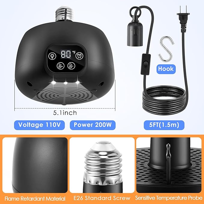 2 Pack Chicken Coop Heater with Remote, 200W Chicken Coop Warmer Temperature Control with Lights, Heat Lamps for Chickens with Digital Display and 5Ft Cable for Reptiles/Duck/Lizard