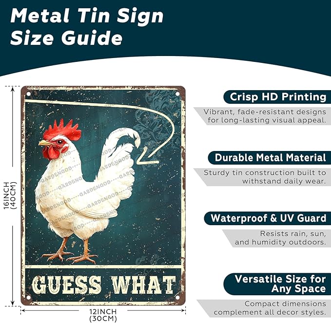 Rustic Chicken Farm Chicken Coop Metal Tin Signs Guess What Chicken Metal Poster Home Garden Farmhouse Restaurant Garage Vintage Aluminium Sign Art Wall Decor 16x12 Inch