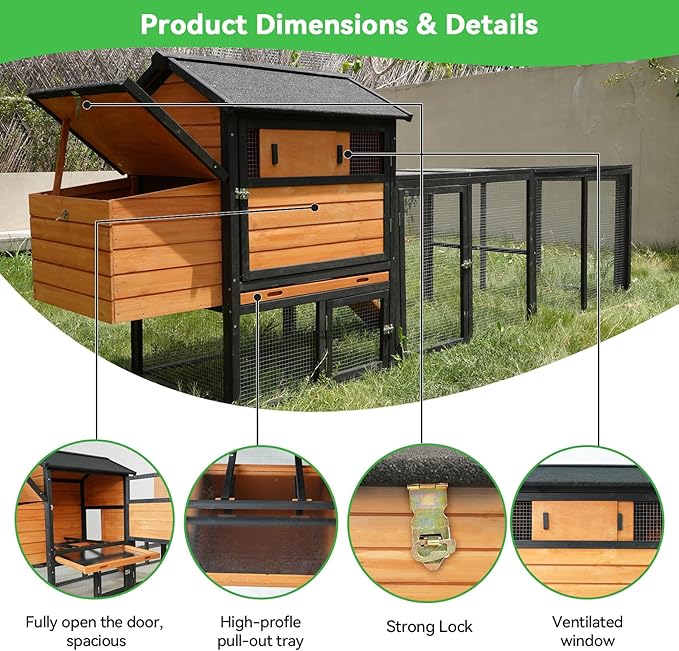 113" Large Chicken Coop with Run, Outdoor Wooden Hen Duck House with Nesting Box, Waterproof Asphalt Roof and Pull-Out Tray, Poultry Bunny Quail Cage Rabbit Hutch with Ventilated Window, Brown+Black