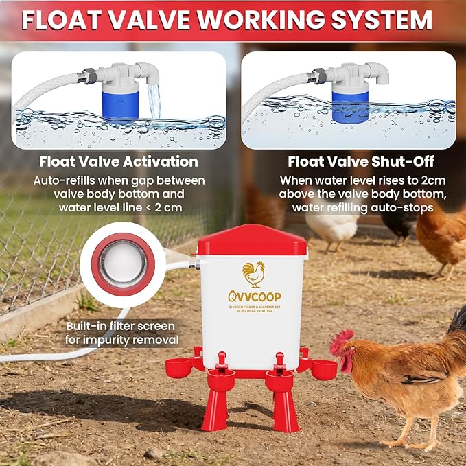 Chicken Feeder, Chicken Waterer with Float Valve, Automatic Poultry Feeder and Waterer Set for Duck Turkey, Chicken Coop Accessories, 3 Gallon Set(Upgraded), Red