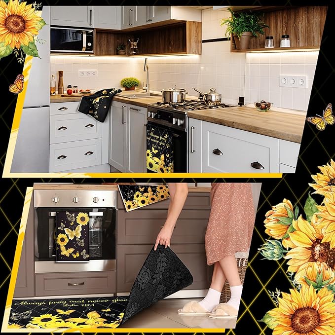 10 Pcs Sunflower Butterfly Kitchen Dish Towels Rugs Oven Mitts and Pot Holders Set Farmhouse Kitchen Decor Set for Women Mom Daughter Gift Cooking Baking Grilling (Bright Black)