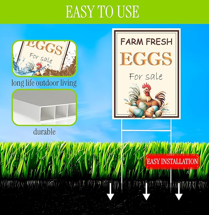 Set of 3 Double Sided 12x16 Inches Farm Fresh Eggs For Sale Sign with Metal H-Stakes - Fresh Chicken Eggs For Sale Sign - Plastic Farm Fresh Eggs Sold Here Yard Sign - Signs Chicken Coop Decoration