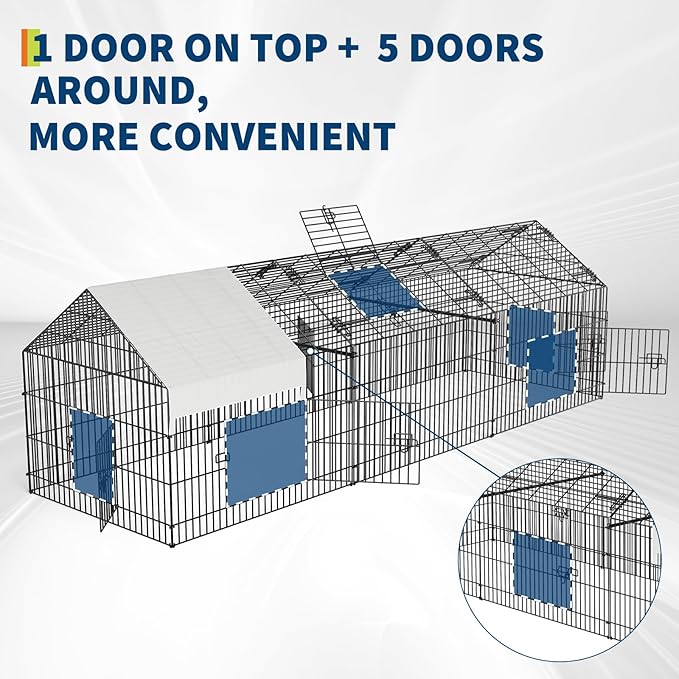 Large 130" Metal Chicken Coop Run with Waterproof Cover – Portable Outdoor Poultry Cage, Rabbit Hutch, Duck House, Pet Playpen – Easy Assembly, Secure Lock, 4-Door Design, All-Weather Enclosure