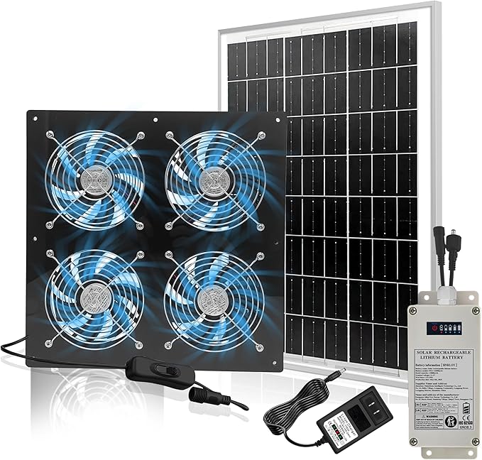 Solar Exhaust Fan for Greenhouse, Solar Chicken Coop Fan with 25W Solar Panel & 4 Pcs High-Speed Brushless DC Ventilation Fans for Shed,Attics,Barns,Dog Houses with 6000mAh Battery