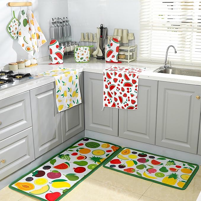 10 Pcs Fruit Kitchen Dish Towels Rugs Oven Mitts and Pot Holders Set Farmhouse Kitchen Decor Set for Women Mom Daughter Gift Cooking Baking Grilling(Lively Color)