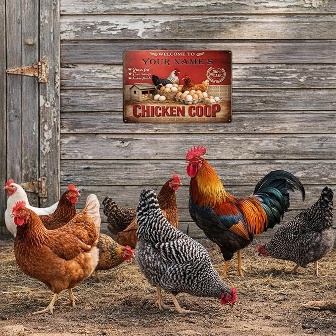 Custom Your Name Chicken Coop Sign Welcome To Your Farm Fresh Eggs Hens Personalized Metal Tin Plaque Vintage Rustic Wall Decor Barn Backyard Gift