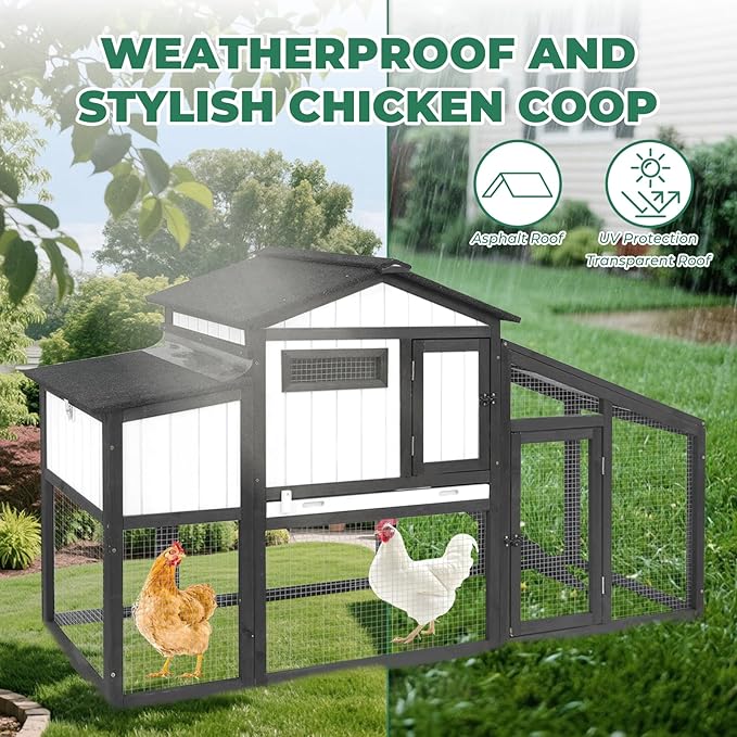 Large Chicken Coop with Run, Wooden Chicken Hen House Quail Coop with 2 Nesting Box, UV-Resistant Roof, Pull Out Tray, Outdoor Poultry Hutch Cage for Chickens Quails