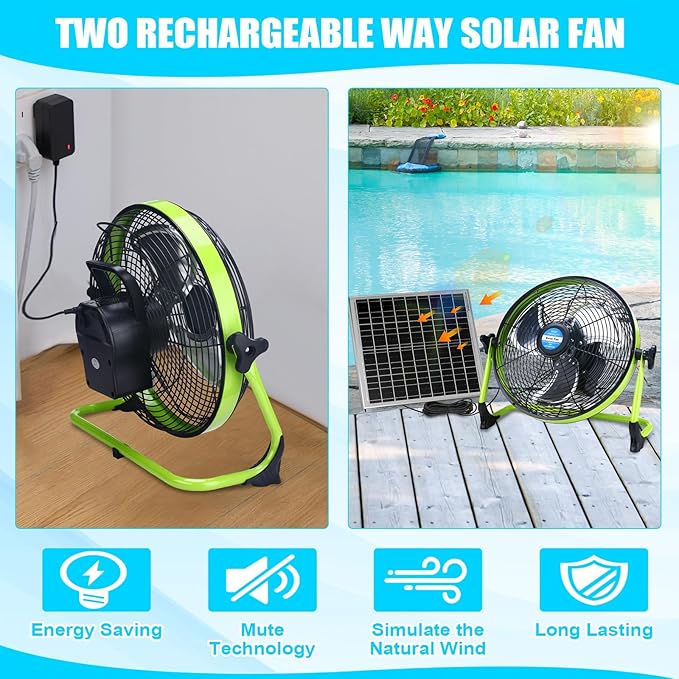 12" Solar Rechargeable Floor Fan, 15000mah 20w Battery Powered Fan with Solar Panel & Ac Adapter Charging, 3-in-1 Camping Ventilador and Light for Outside Home Patio Garage Chicken Coop Greenhouse