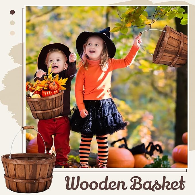 Marsui 8 Pcs Natural Wooden Fruit Baskets 11'' x 6.5'' - Fall Thanksgiving Halloween Decoration, Farmhouse Harvest Storage Bin, Portable Handle Apple Basket for Kitchen Farm Party Home Gift Giving