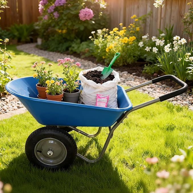 Dual Wheel Garden Wheelbarrow,Heavy Duty Yard Cart with 10“/15" Pneumatic Tires, Rustproof Poly Tray & Steel Handle, 300 lbs Capacity Utility Cart for Lawn, Farm, and Landscaping (Blue-15“)