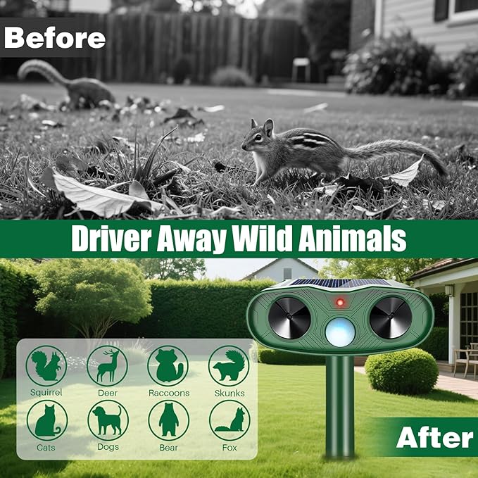 2026 IP65 Sonic Raccoon Fortress Pro Deer Repellent Outdoor, Solar Ultrasonic Animal Repellent Outdoor Squirrel Deterrent with Motion Sensor to Scare Cat Rabbit Skunk Dog Out of Garden Farm(4Pack)