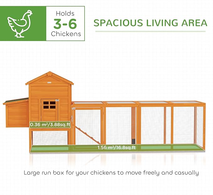 PawHut 118" Extra Large Chicken Coop with Asphalt Roof, Wooden Hen Run with Slide-Out Tray and Nesting Box, Chicken Hutch for 3-6 Chickens, Orange