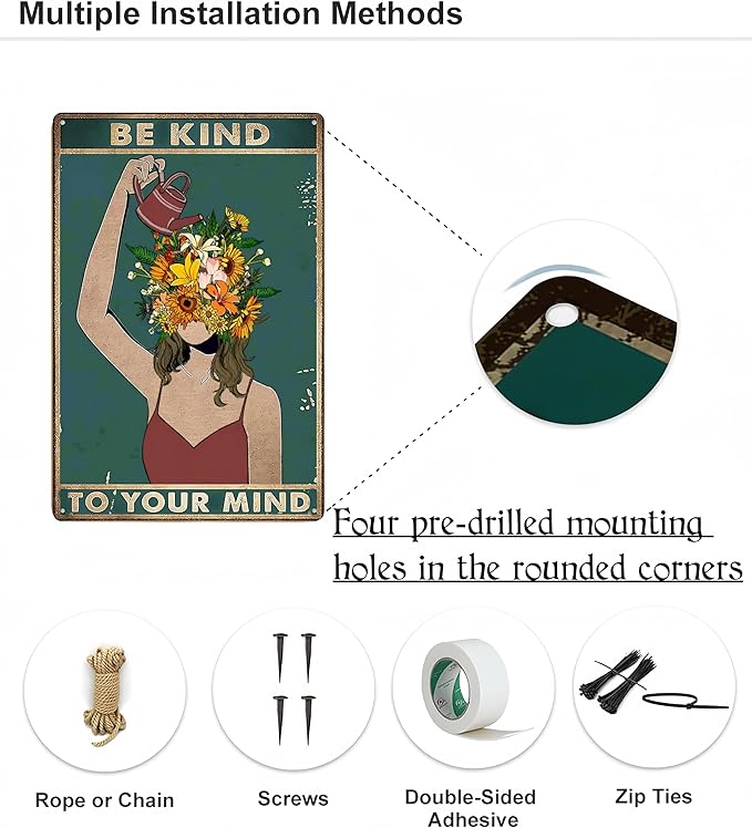 Be Kind to Your Mind Vintage Tin Signs, Hippie Boho Wall Art, Floral Woman Gift for Plant Lovers Funny Retro Wall Art Sign, 8x12 Inch