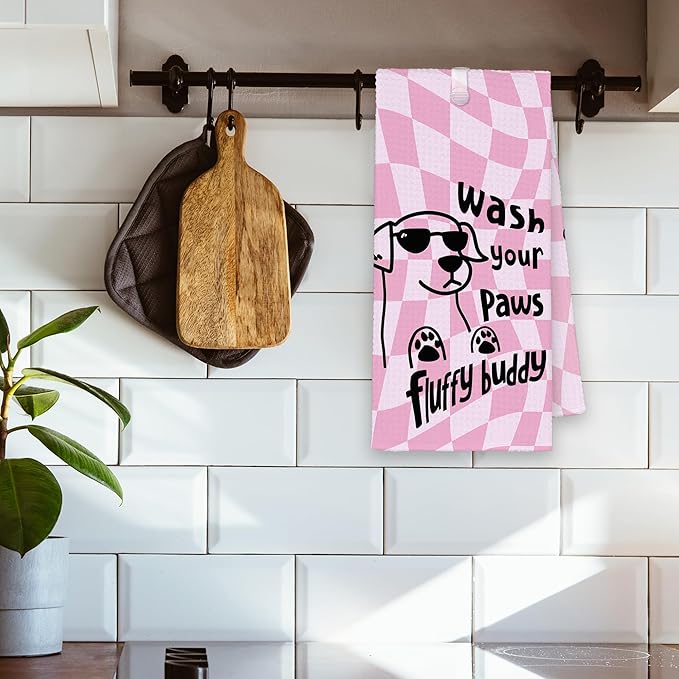 Pink Funny Dog Bathroom Kitchen Towels, Wash Your Paws Hand Towel for Girly Room, Cute Puppy Gifts for Dog Lovers, Trendy Preppy Checkered Dish Towels Decor for Dorm 16x24in