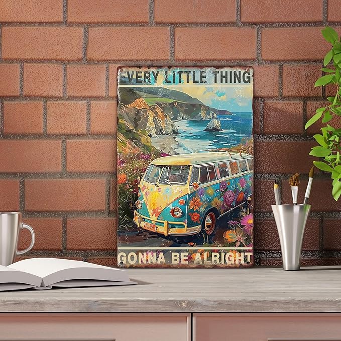 Sanwarm Metal Sign 8X12 Inch, Bus Hippie Flower Vintage Tin Sign Wall Art Decor for Home, Living Room, Kitchen, Garden, Bedroom, Office, Hotel, Cafe And Pub Decoration