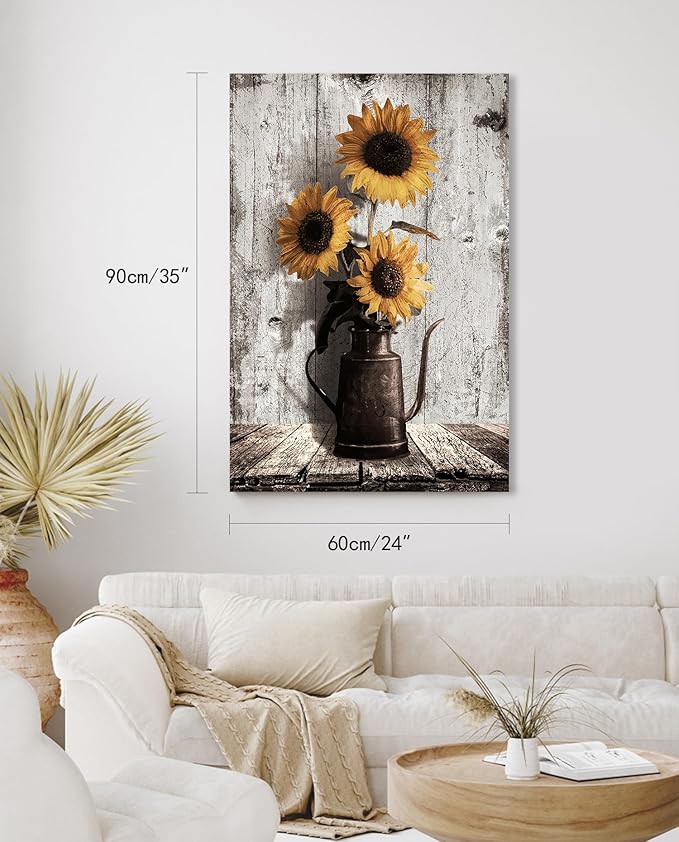 Sunflower Paintings Farmhouse Wall Art: Yellow Sunflowers Canvas Wall Art for Kitchen,Large Floral Pictures Vintage Art Prints Rustic Country Wall Hanging Decor for Bedroom Bathroom 24x36 Inches