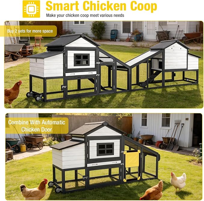 Aivituvin Mobile Chicken Coop with Wheels for 2-4 Chickens, Backyard Expandable Chicken House Duck Cage with Run, 2 Nesting Boxes, Easy Clean Pull-Out Tray, Leak-Resistant Asphalt Roof, 72.3"(Black)