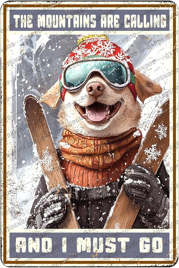 Funny Ski Decor Metal Sign Bulldog Skiing The Mountains Are Calling And I Must Go Skiing Metal Poster Home Kitchen Cafe Aluminium Sign Art Wall Decor 12x8 Inch