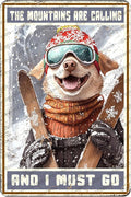 Funny Ski Decor Metal Sign Bulldog Skiing The Mountains Are Calling And I Must Go Skiing Metal Poster Home Kitchen Cafe Aluminium Sign Art Wall Decor 12x8 Inch