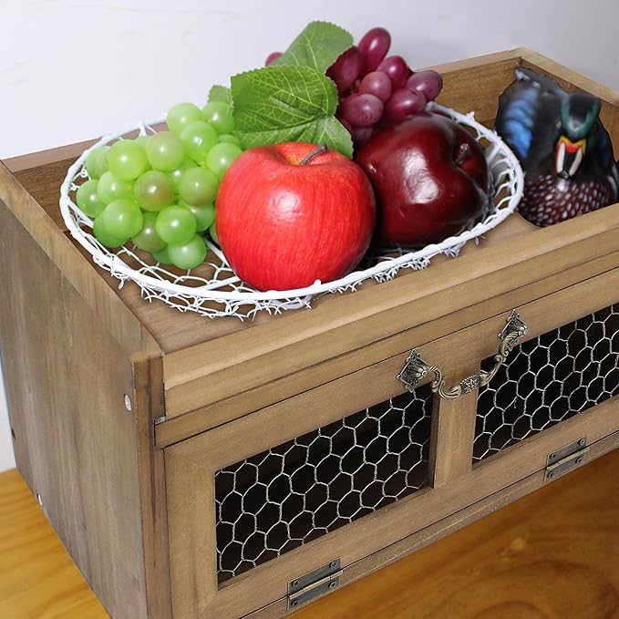 Farmhouse Countertop Storage Organizer, Rustic Wood Kitchen Cabinet with Chicken Wire, Kitchen Pantry Display Shelf, Country Vintage Style. Distress Brown