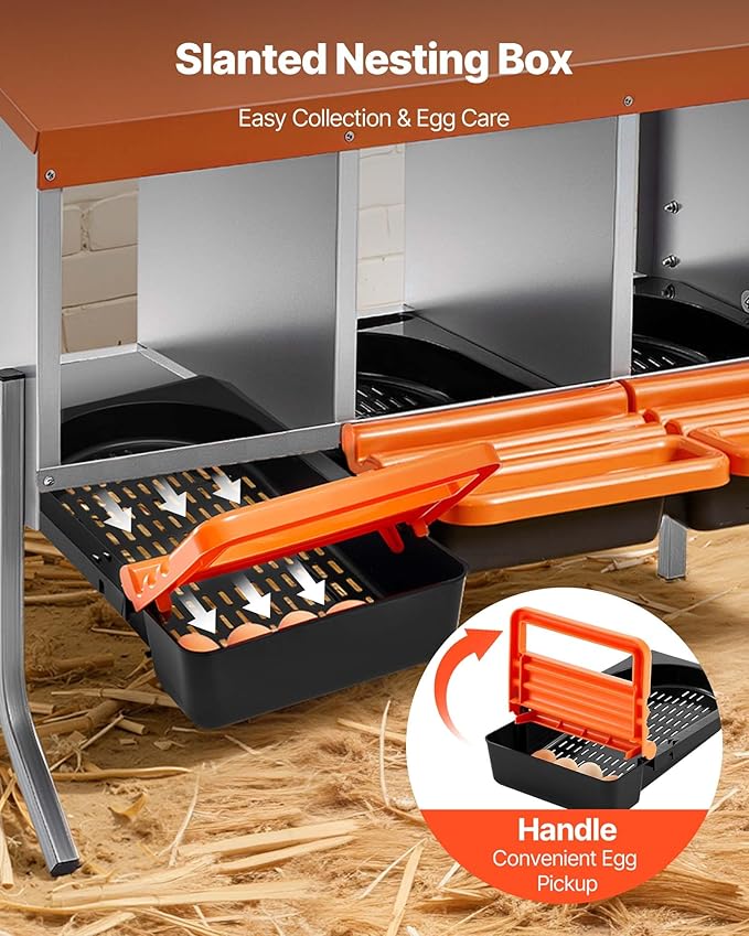 VEVOR Chicken Nesting Boxes, 3 Compartments, with Support Legs, Easy Egg Collection, Galvanized Steel and High-Strength Plastic, Roll Away Nesting Boxes for Chickens and Hens Laying Eggs, Orange
