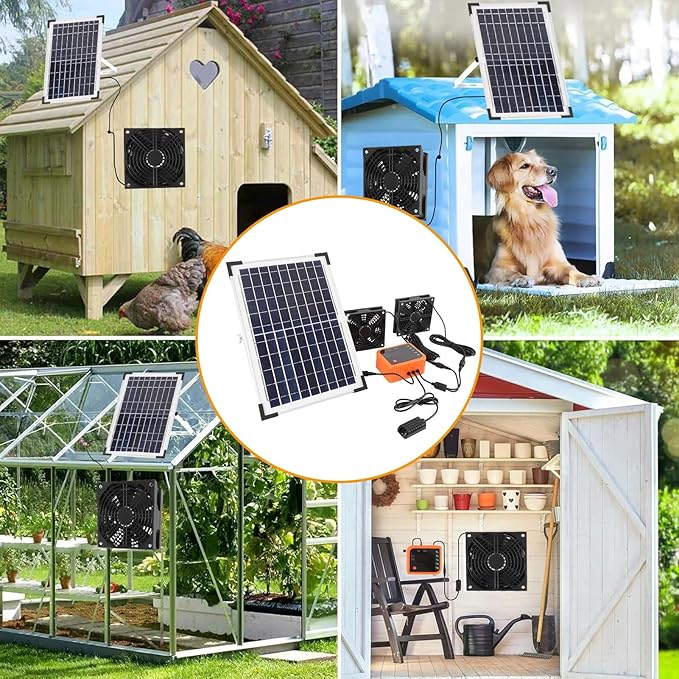 10W Solar Powered Fan, Solar Panel 2 Fan Kit with 4400mAh Battery and Controller, Solar Exhaust Dual Ventilation Fans for Shed Chicken Coop Greenhouse Outdoor
