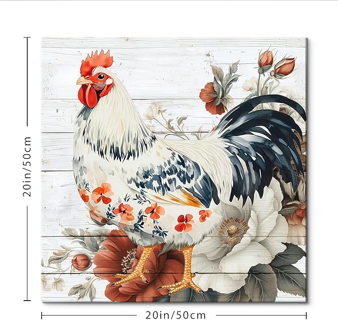 Framed Chicken Wall Art 16x16 Inch Rooster on Flower Stand Canvas Print Farmhouse Country Style Artwork for Kitchen Living Room Rustic Home Wall Decor (Rooster and flowers, 20L×20W)