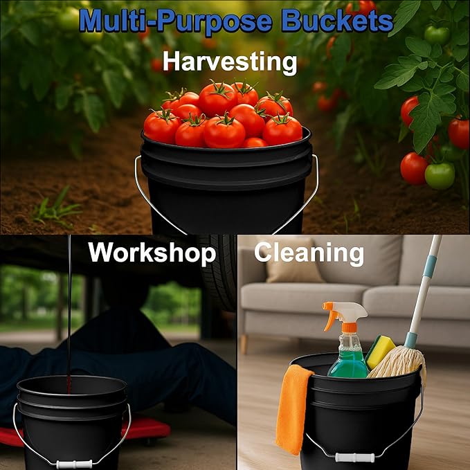 2-Gallon Bucket with Airtight Lid – Made in USA, Food Grade BPA Free Plastic, Heavy Duty Multi-Use, Metal Handle with Grip, Stackable Storage – - Black, 1 Pack